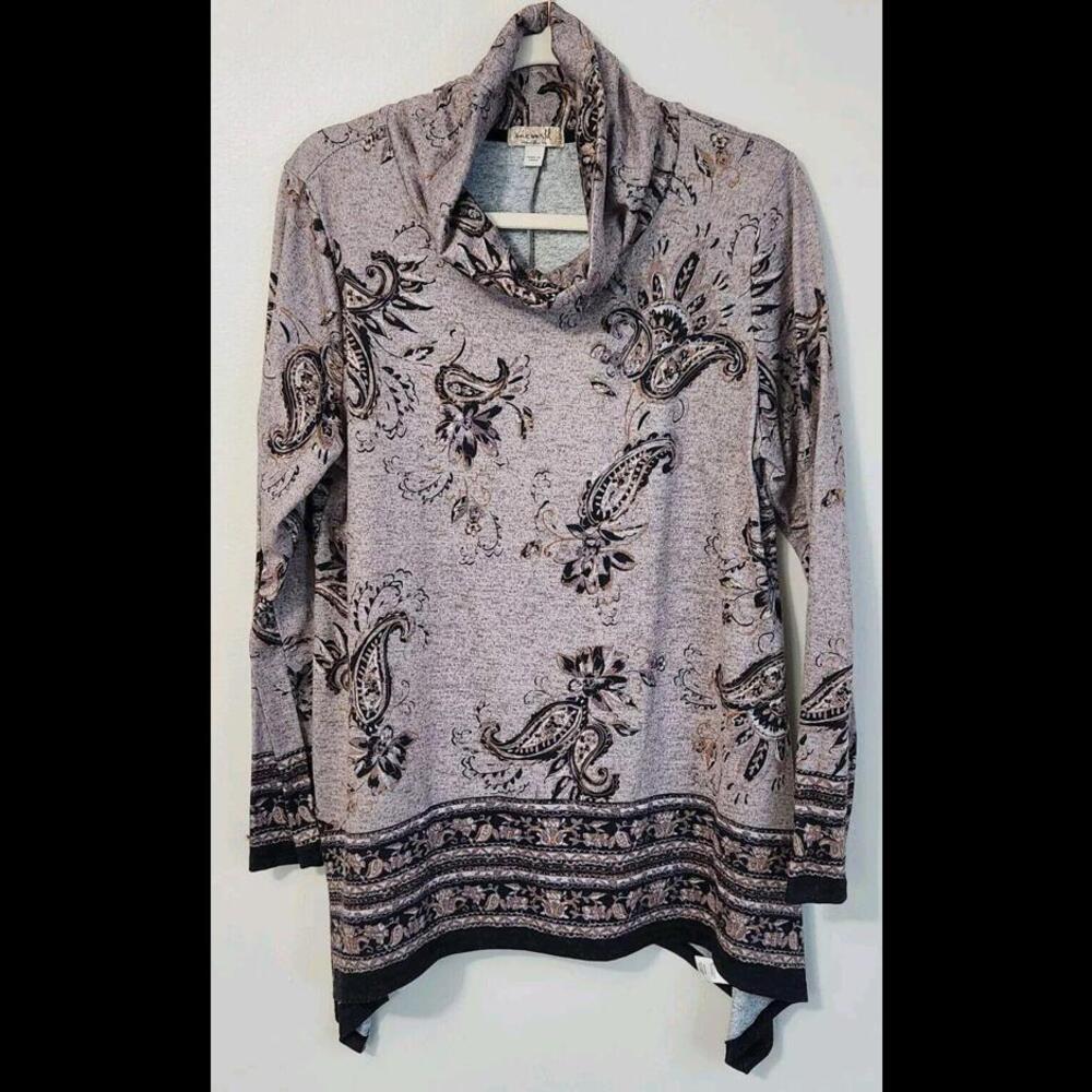 One World Sweater Large Paisley Grey Beige Cowl Neck Long Sleeve Assymetrical
